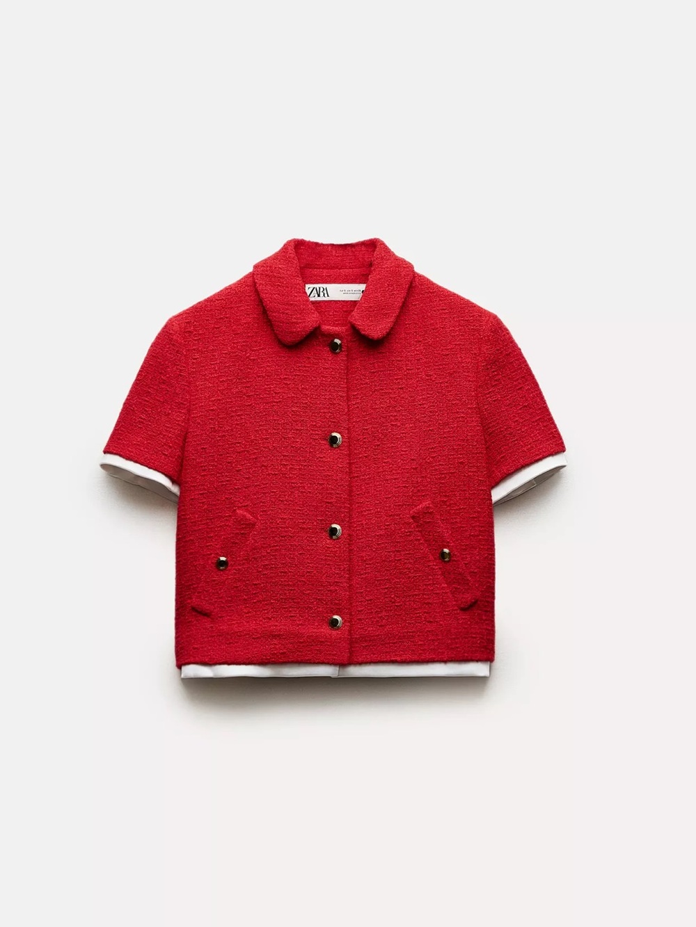 Textured Cropped Red Short-Sleeve Jacket- ZW Collection
